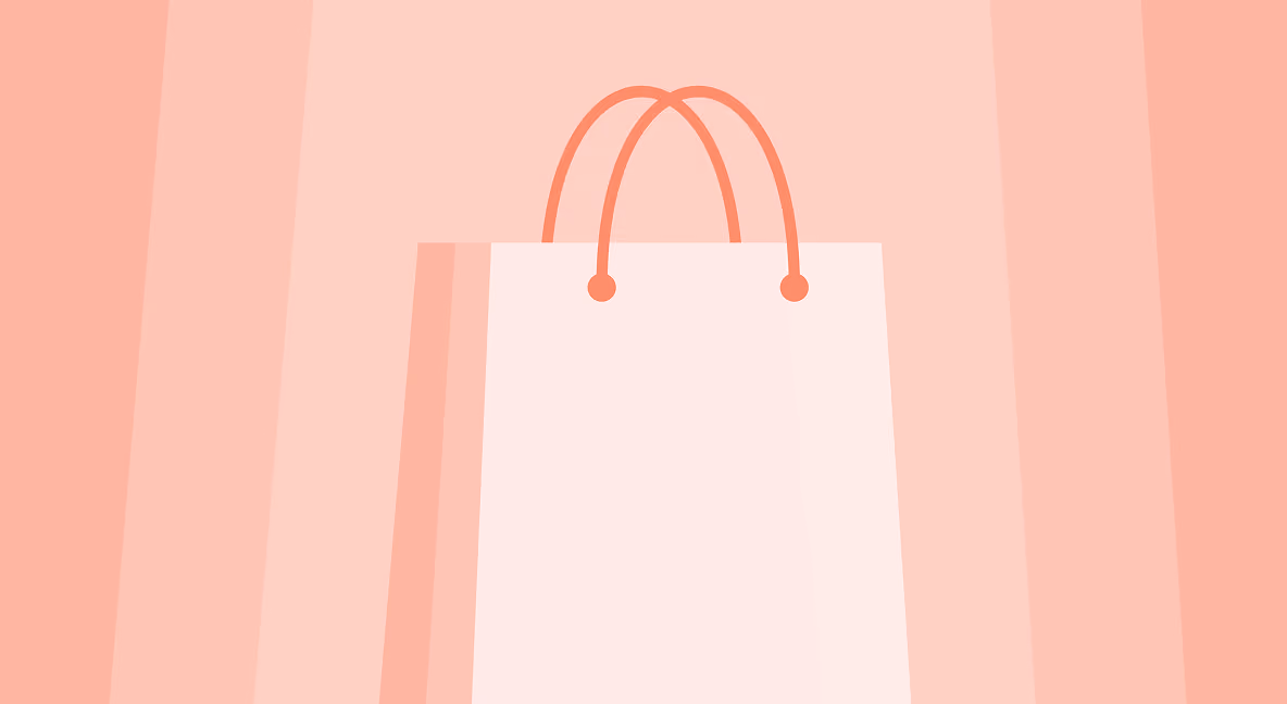 Illustration of a pale pink shopping bag with coral handles on a coral striped background.