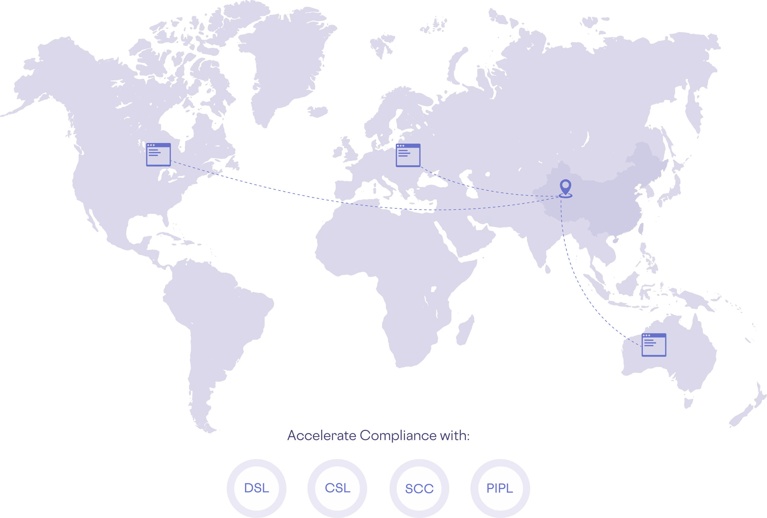 World map highlighting China connected to icons over North America, Europe, and Australia with compliance terms below.