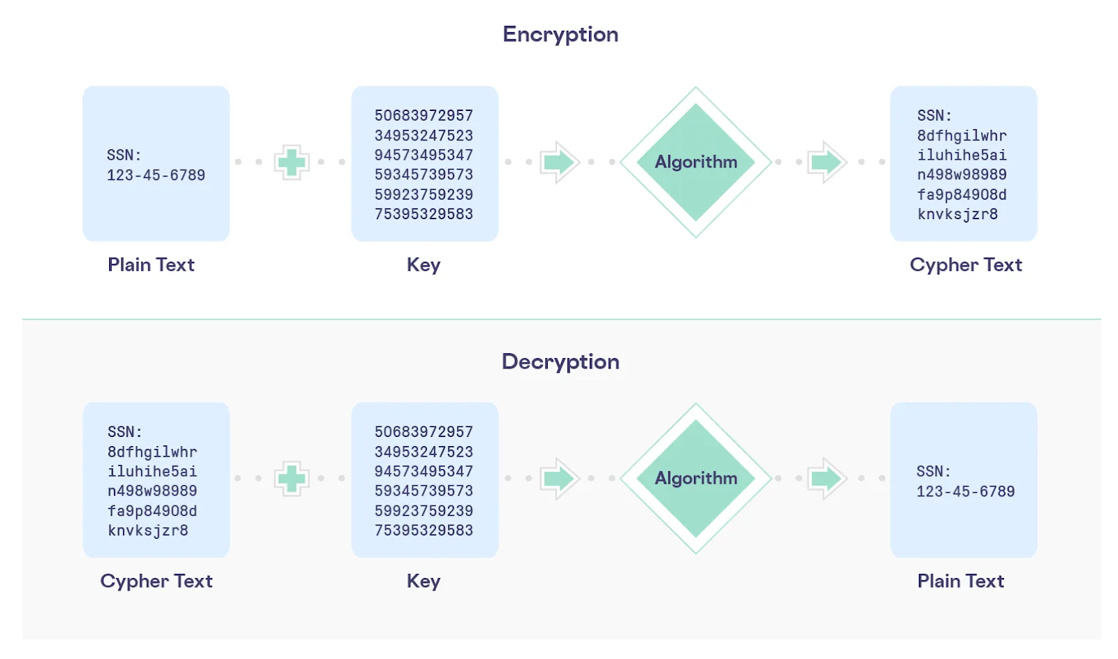 A simple encryption and decryption process involving a key, an algorithm, plain text and cypher text