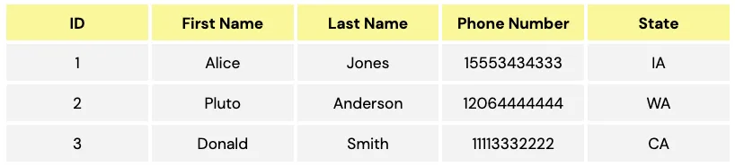 A Sample Users Table in Skyflow with first name, last name, phone number, and state for three users 